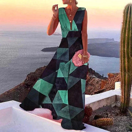 Women's Holiday Dress, Sleeveless V Neck Maxi Dress with Fitted Waist in Soft Breathable Summer Fabric