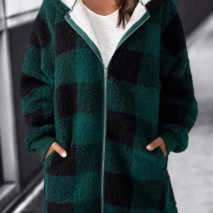 Women's oversized plaid hoodie, loose fleece hooded overcoat with long sleeves, casual everyday jacket, S to 5XL