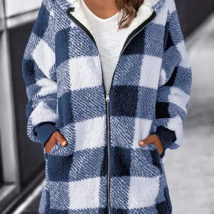 Women's oversized plaid hoodie, loose fleece hooded overcoat with long sleeves, casual everyday jacket, S to 5XL
