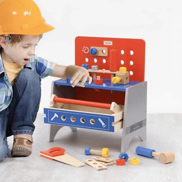 Kids Tool Bench Toy, Wooden Pretend Play Tool Set with Hammer and Saw, Toy Work Bench with Tool Case for Motor Skills