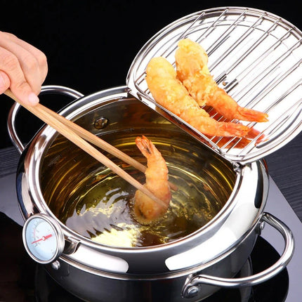 Skillet with Oil Thermometer, Stainless Steel Pan for Tempura, Home Fryer Pan, Stainless Steel Cookware for Deep Frying
