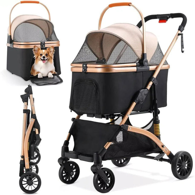 Dog Stroller with Detachable Carrier, Foldable Pet Stroller for Small Dogs, Dog Carrier with Wheels and Rear Brake