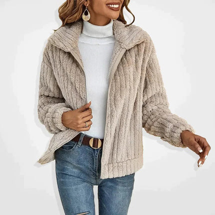 Women's Long Fleece Cardigan, Soft Warm Open Front Cardigan Coat with Stand Collar and Pockets for Winter