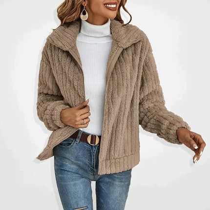 Women's Long Fleece Cardigan, Soft Warm Open Front Cardigan Coat with Stand Collar and Pockets for Winter