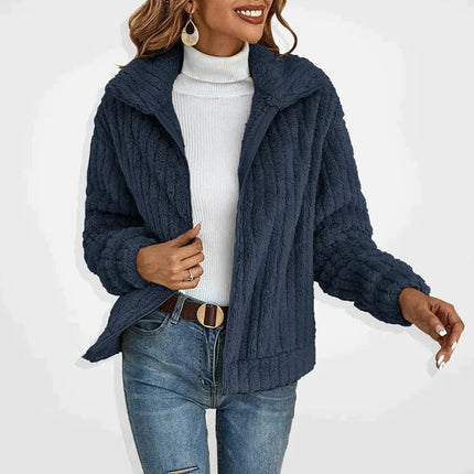 Women's Long Fleece Cardigan, Soft Warm Open Front Cardigan Coat with Stand Collar and Pockets for Winter