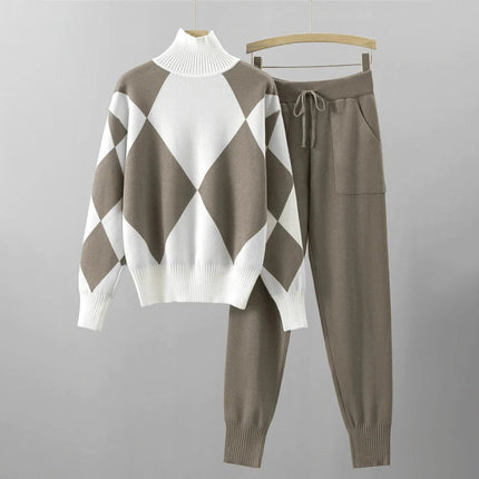 Women's Warm Sweater and Pants Set, 2 Piece Knit Loungewear Tracksuit in Beige, Red, Blue and Black, Sizes S to 2XL