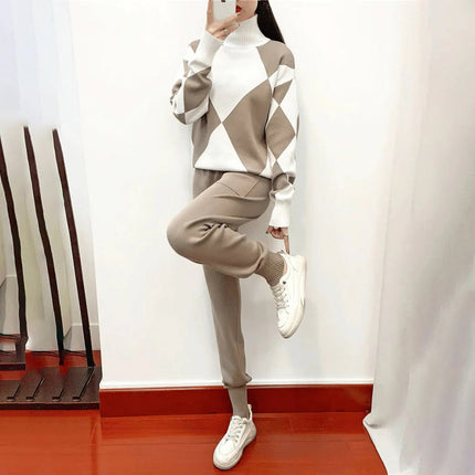 Women's Warm Sweater and Pants Set, 2 Piece Knit Loungewear Tracksuit in Beige, Red, Blue and Black, Sizes S to 2XL