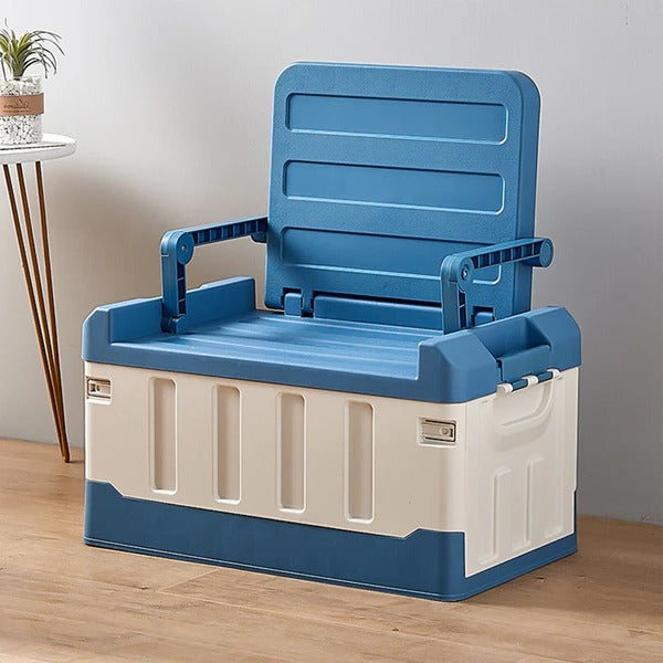 Storage Bin with Lid and Seat, 58L Collapsible Storage Bin for Camping and Travel, Plastic Car Trunk Organizer