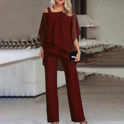 Womens Two Piece Set Cold Shoulder Top and Long Trousers Elegant Business Party Suit Outfit for Women
