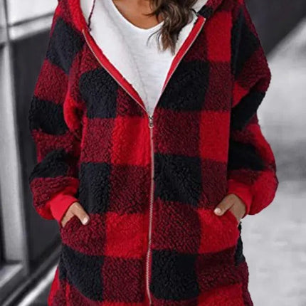 Women's oversized plaid hoodie, loose fleece hooded overcoat with long sleeves, casual everyday jacket, S to 5XL