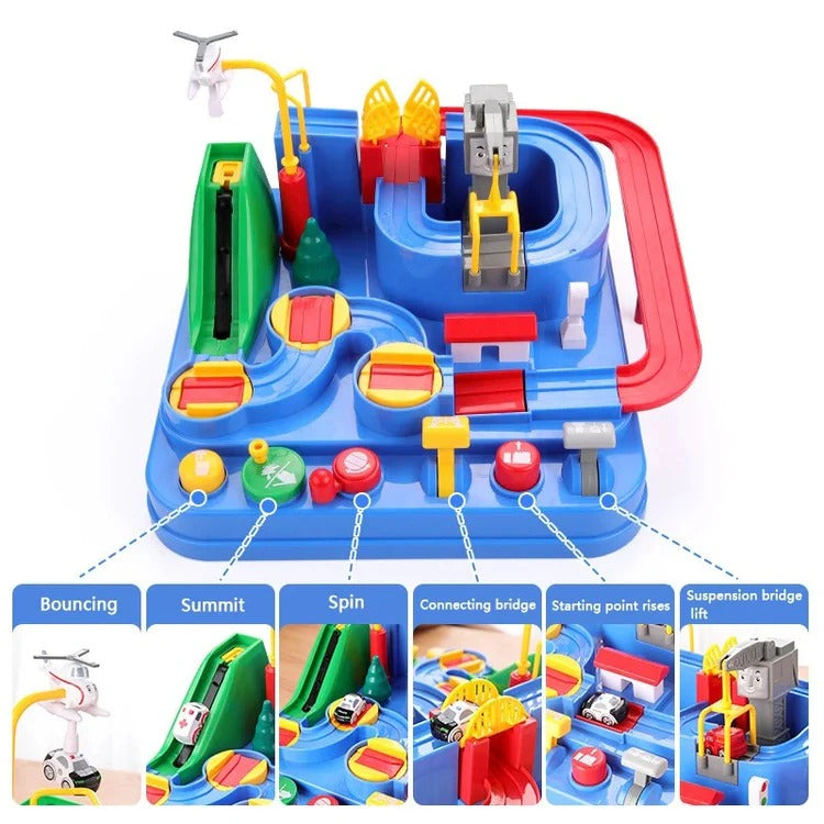 Tuzwa Mechanical Car Track Toy – Interactive Vehicle Adventure Game with Manual Levers, Buttons & Multi-Zone Tabletop Track