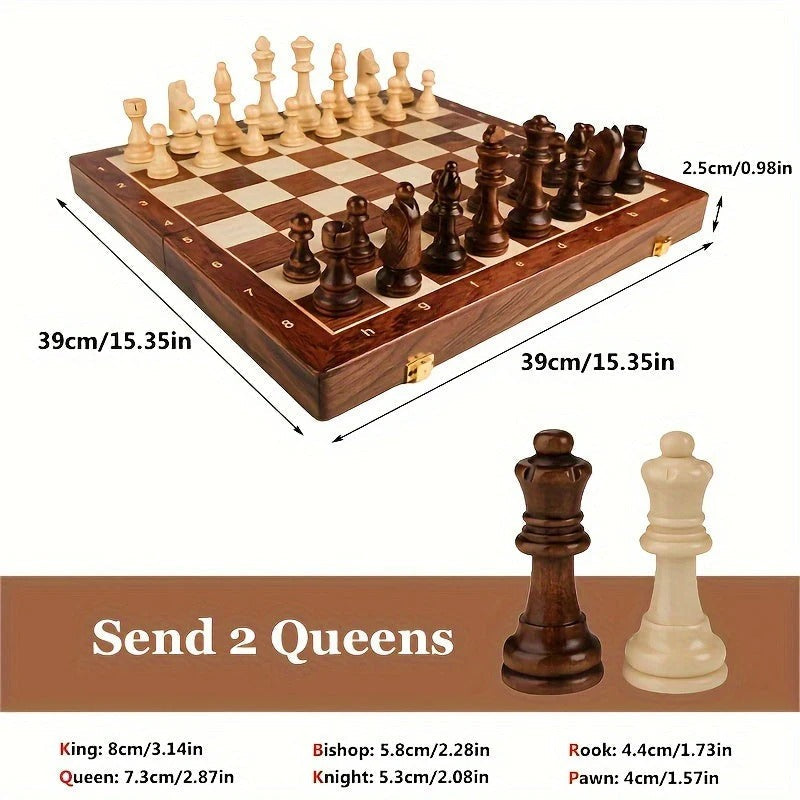 Tuzwa Wooden Chess Set – 15.7" Solid Wood Chess Board with 34 Carved Pieces, 2 Extra Pieces & Classic Tabletop Design
