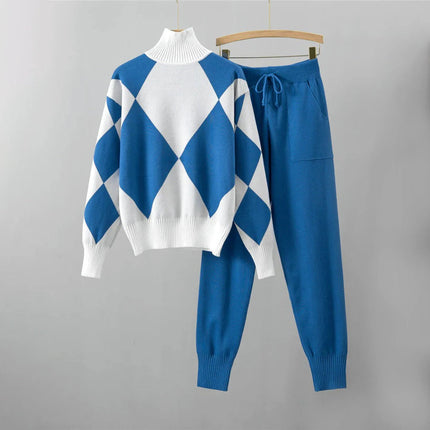 Women's Warm Sweater and Pants Set, 2 Piece Knit Loungewear Tracksuit in Beige, Red, Blue and Black, Sizes S to 2XL