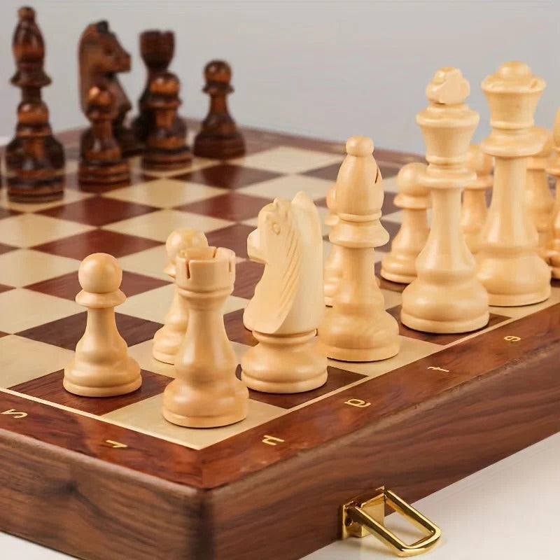 Tuzwa Wooden Chess Set – 15.7" Solid Wood Chess Board with 34 Carved Pieces, 2 Extra Pieces & Classic Tabletop Design