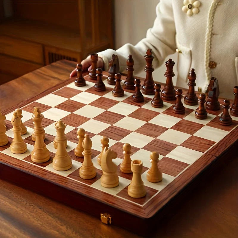 Tuzwa Wooden Chess Set – 15.7" Solid Wood Chess Board with 34 Carved Pieces, 2 Extra Pieces & Classic Tabletop Design