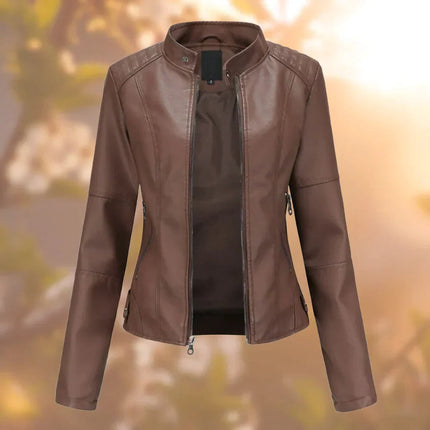 Women's Leather Jacket, Premium Stand-Up Collar Coat with Metallic Accents, Sizes S to 3XL in Five Colours