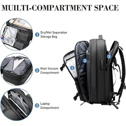 Vacuum Travel Backpack with Internal Compression System, Expandable Carry On Bag with Dry and Damp Storage Zones and Coded Zipper