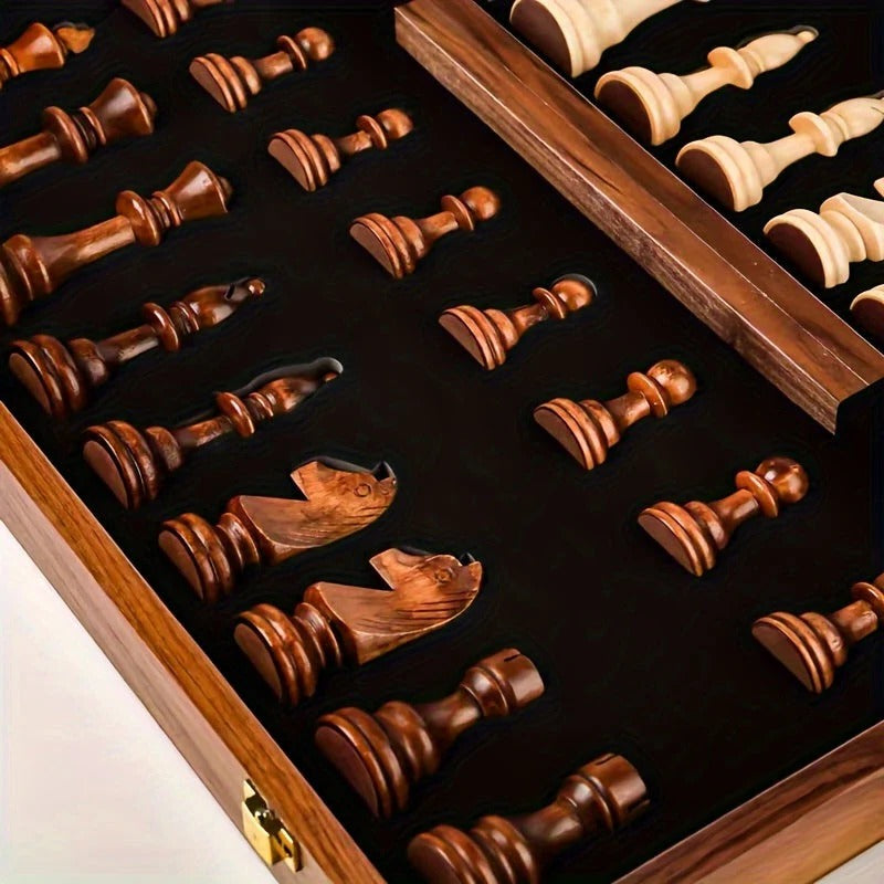 Tuzwa Wooden Chess Set – 15.7" Solid Wood Chess Board with 34 Carved Pieces, 2 Extra Pieces & Classic Tabletop Design