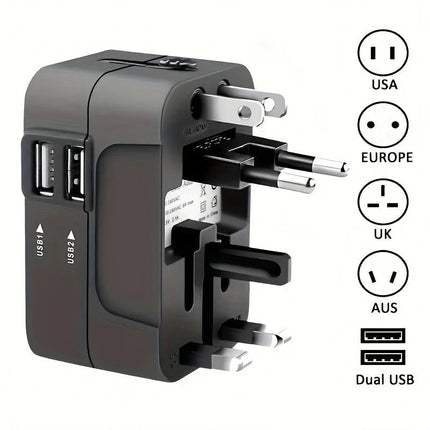 Travel Adapter with Dual USB Charging Ports, international plug adapter for 110V and 220V, black or white