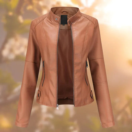 Women's Leather Jacket, Premium Stand-Up Collar Coat with Metallic Accents, Sizes S to 3XL in Five Colours