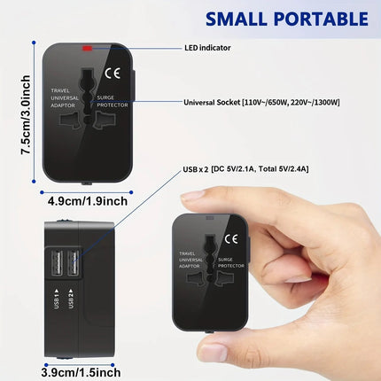 Travel Adapter with Dual USB Charging Ports, international plug adapter for 110V and 220V, black or white