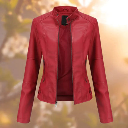 Women's Leather Jacket, Premium Stand-Up Collar Coat with Metallic Accents, Sizes S to 3XL in Five Colours
