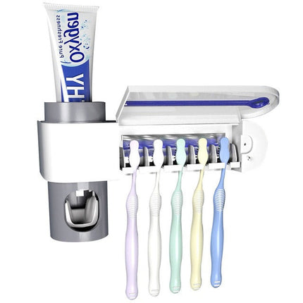 UV Light Toothbrush Sterilizer and Toothpaste Dispenser, Wall Mounted Bathroom Holder for 5 Toothbrushes with Automatic Sensor, Gray and White