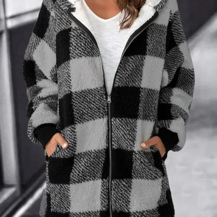 Women's oversized plaid hoodie, loose fleece hooded overcoat with long sleeves, casual everyday jacket, S to 5XL
