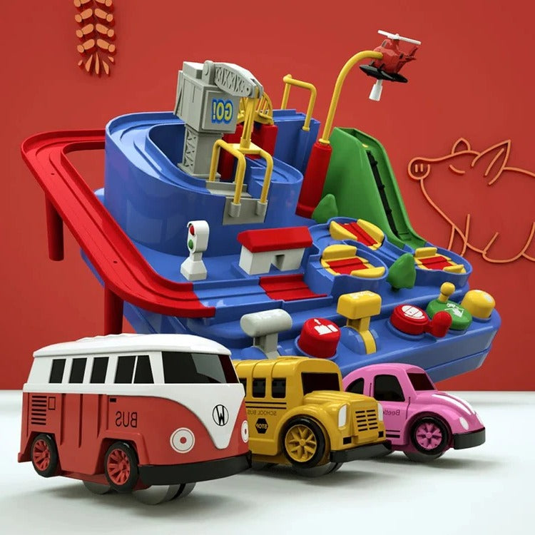 Tuzwa Mechanical Car Track Toy – Interactive Vehicle Adventure Game with Manual Levers, Buttons & Multi-Zone Tabletop Track