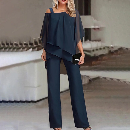 Womens Two Piece Set Cold Shoulder Top and Long Trousers Elegant Business Party Suit Outfit for Women