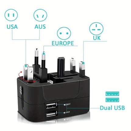 Travel Adapter with Dual USB Charging Ports, international plug adapter for 110V and 220V, black or white