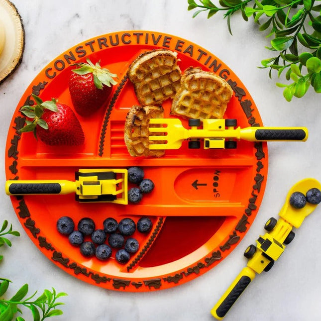 Construction Toddler Dinnerware Set, Kids Plate with Sections, Kids Fork and Spoon, Toddler Cup for Self Feeding