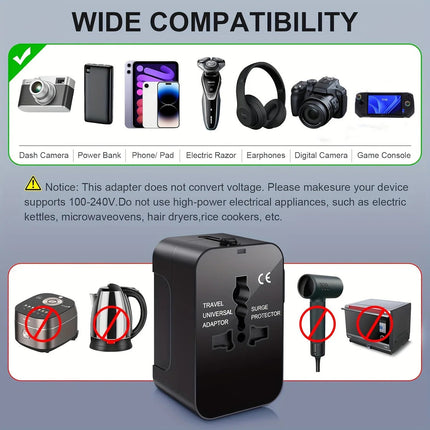 Travel Adapter with Dual USB Charging Ports, international plug adapter for 110V and 220V, black or white