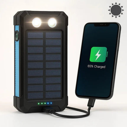 Portable Charger Solar Power Bank, Battery Pack with 2 LED Flashlights