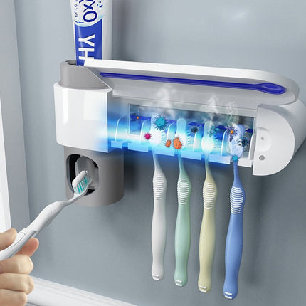 UV Light Toothbrush Sterilizer and Toothpaste Dispenser, Wall Mounted Bathroom Holder for 5 Toothbrushes with Automatic Sensor, Gray and White