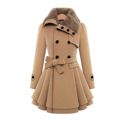 Women's Long Winter Coat with Fur Collar, Warm Soft Sustainable Fabric Overcoat, Sizes S to 5XL, Khaki, Black, Blue, Red