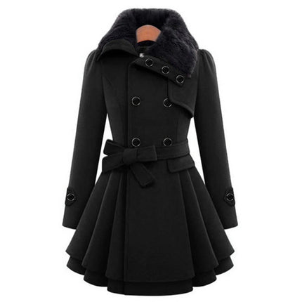 Women's Long Winter Coat with Fur Collar, Warm Soft Sustainable Fabric Overcoat, Sizes S to 5XL, Khaki, Black, Blue, Red