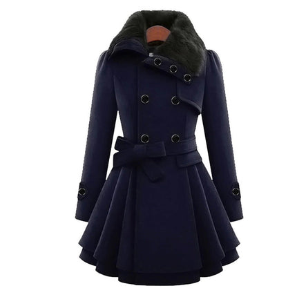 Women's Long Winter Coat with Fur Collar, Warm Soft Sustainable Fabric Overcoat, Sizes S to 5XL, Khaki, Black, Blue, Red