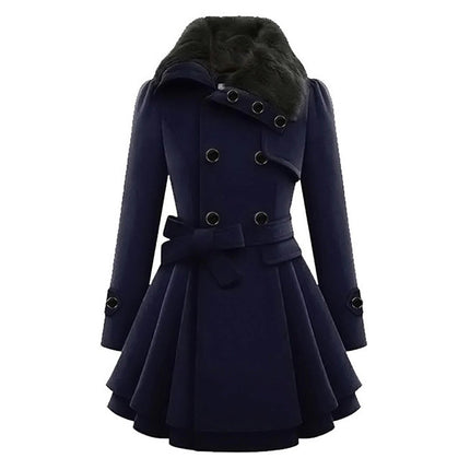 Women's Long Winter Coat with Fur Collar, Warm Soft Sustainable Fabric Overcoat, Sizes S to 5XL, Khaki, Black, Blue, Red