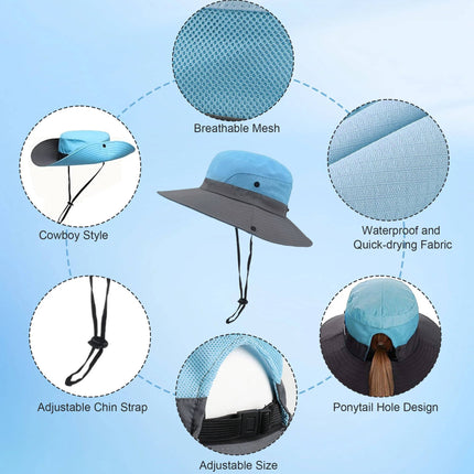 UV Protection Foldable Sun Hat for Women and Men, Packable Fisherman Bucket Hat with Ponytail Hole and Adjustable Chin Strap for Beach and Hiking