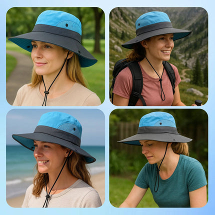 UV Protection Foldable Sun Hat for Women and Men, Packable Fisherman Bucket Hat with Ponytail Hole and Adjustable Chin Strap for Beach and Hiking