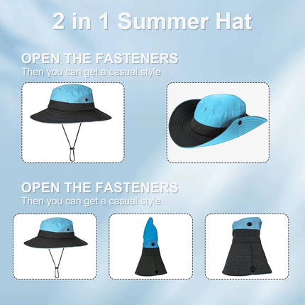 UV Protection Foldable Sun Hat for Women and Men, Packable Fisherman Bucket Hat with Ponytail Hole and Adjustable Chin Strap for Beach and Hiking