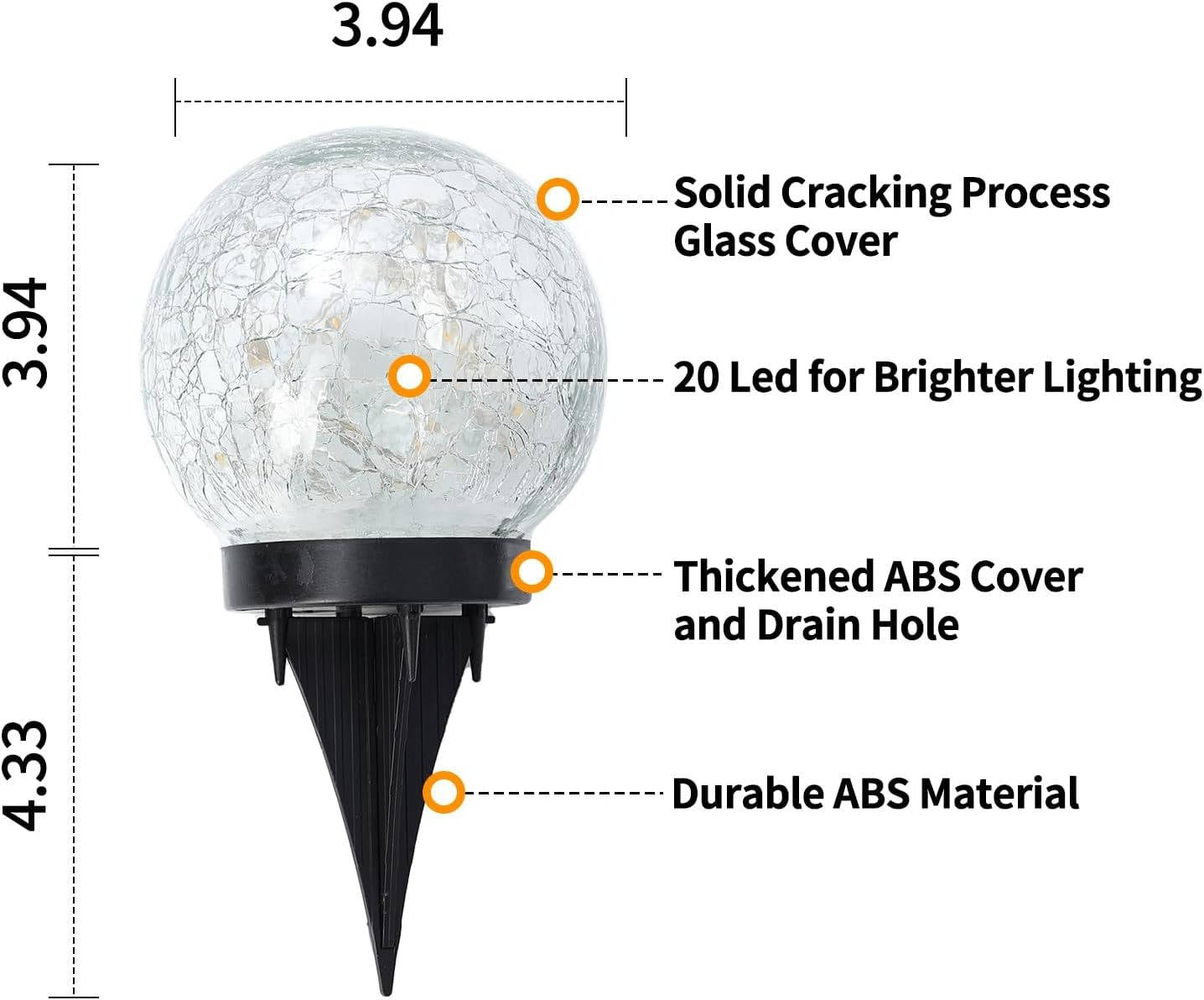 Tuzwa Solar Garden Lights – Cracked Glass Globe Pathway Lights with 20 LEDs, 600mAh Battery, Dusk-to-Dawn Sensor & IP65 Protection
