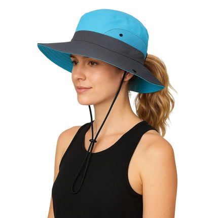 UV Protection Foldable Sun Hat for Women and Men, Packable Fisherman Bucket Hat with Ponytail Hole and Adjustable Chin Strap for Beach and Hiking