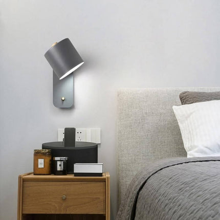 LED Wall Lamp for Bedroom and Living Room, 180 Degree Adjustable Reading Sconce with Wood Trim and Push Button Switch