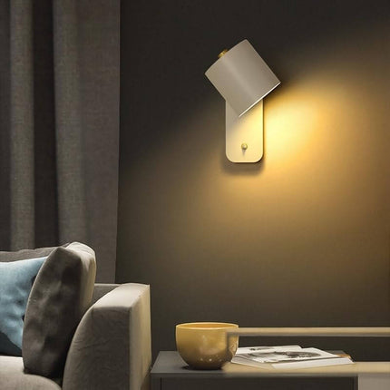 LED Wall Lamp for Bedroom and Living Room, 180 Degree Adjustable Reading Sconce with Wood Trim and Push Button Switch