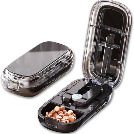 Portable Pill Cutter with Stainless Steel Blade, Adjustable Centering Slot and Built In Storage, Compact Tablet Splitter for Travel