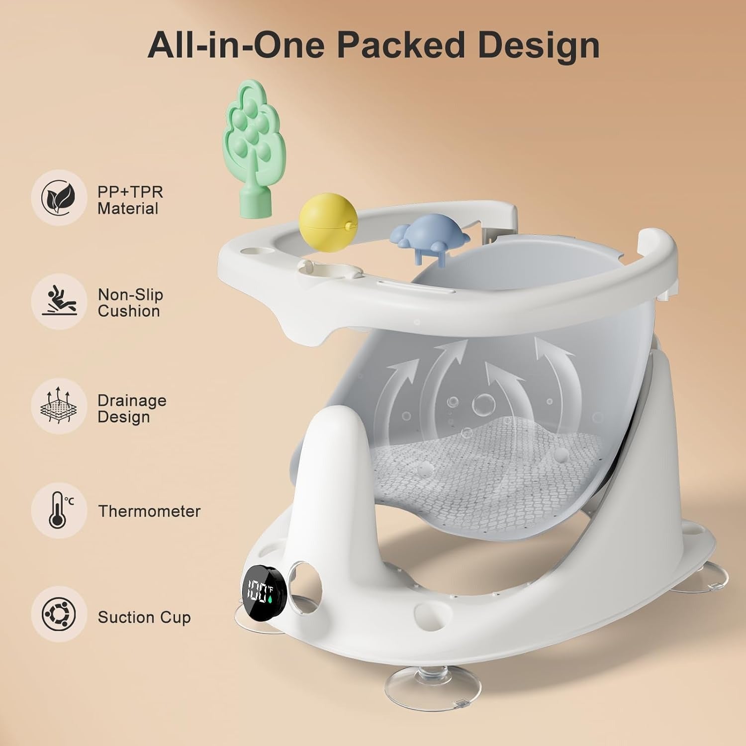 Tuzwa Baby Bath Seat – 6+ Month Infant Bath Support with 4 Suction Cups, Temperature Display, Soft Cushion, Ergonomic Backrest & Rinse Cup