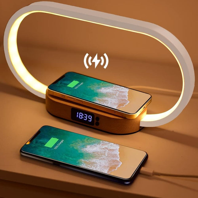 Alarm Clock with Wireless Charging, Dimmable Night Light with Wooden Base