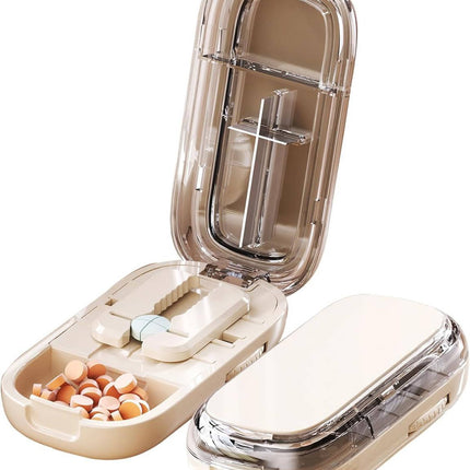 Portable Pill Cutter with Stainless Steel Blade, Adjustable Centering Slot and Built In Storage, Compact Tablet Splitter for Travel